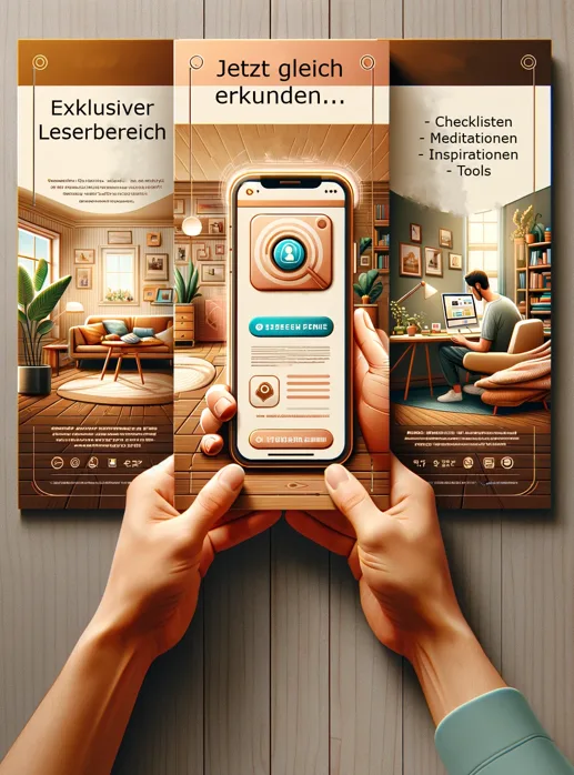 Marketing-Grafik mit Smartphone in Händen und Lesebereich-Infobox, Checklisten und Meditationen-Angebot