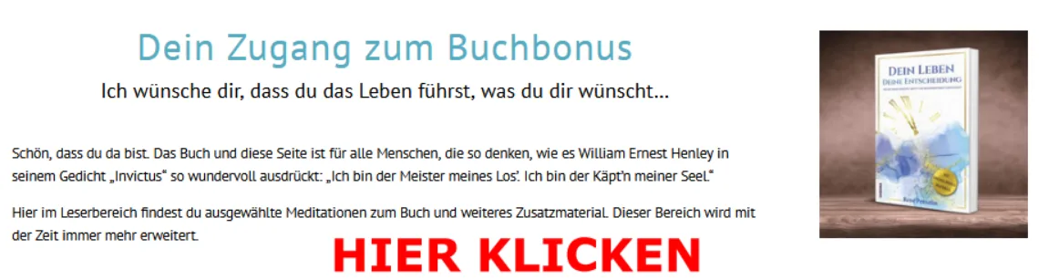 Zugangsseite Buchbonus mit Zitat 'Ich wünsche dir, dass du das Leben führst, was du dir wünschst' und Klick-Aufforderung