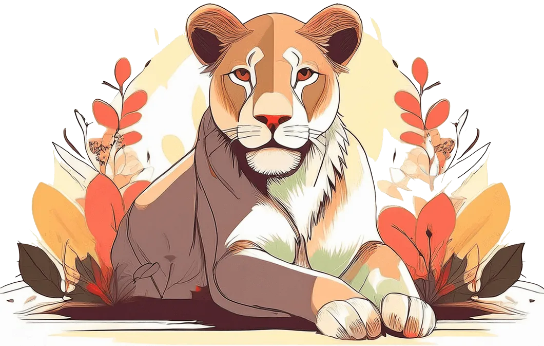 Löwin mit Blüten sitzend, bunte Pflanzen Illustration