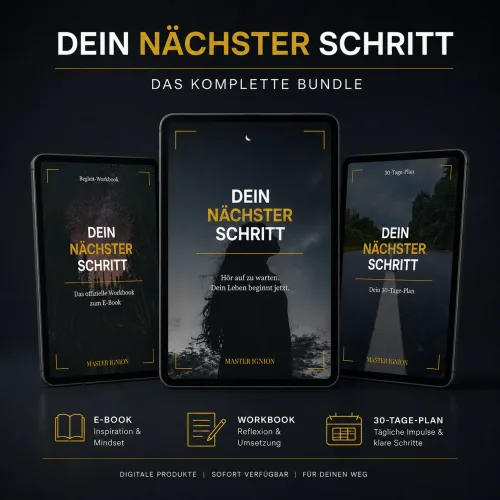 Das Bundle – Dein nächster Schritt Hero-Image mit drei Produkten: E-Book, Workbook und 30-Tage-Plan von MASTER IGNION