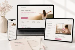 Mockup des Videokurses Dein Neustart auf Smartphone, Laptop und Tablet mit Arbeitsbuch und Blumenvase