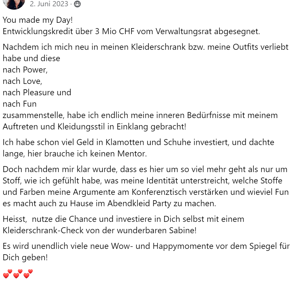 Kundenstimme von Andrea über Kleiderschrank-Check und persönliche Entwicklung
