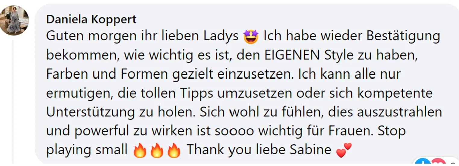 Kundenstimme von Daniela Koppert mit Lob für persönlichen Style und Farbberatung