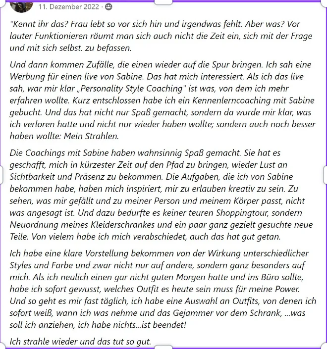 Ausführliche Kundenstimme von Birgit über Personality Style Coaching und Erfolg