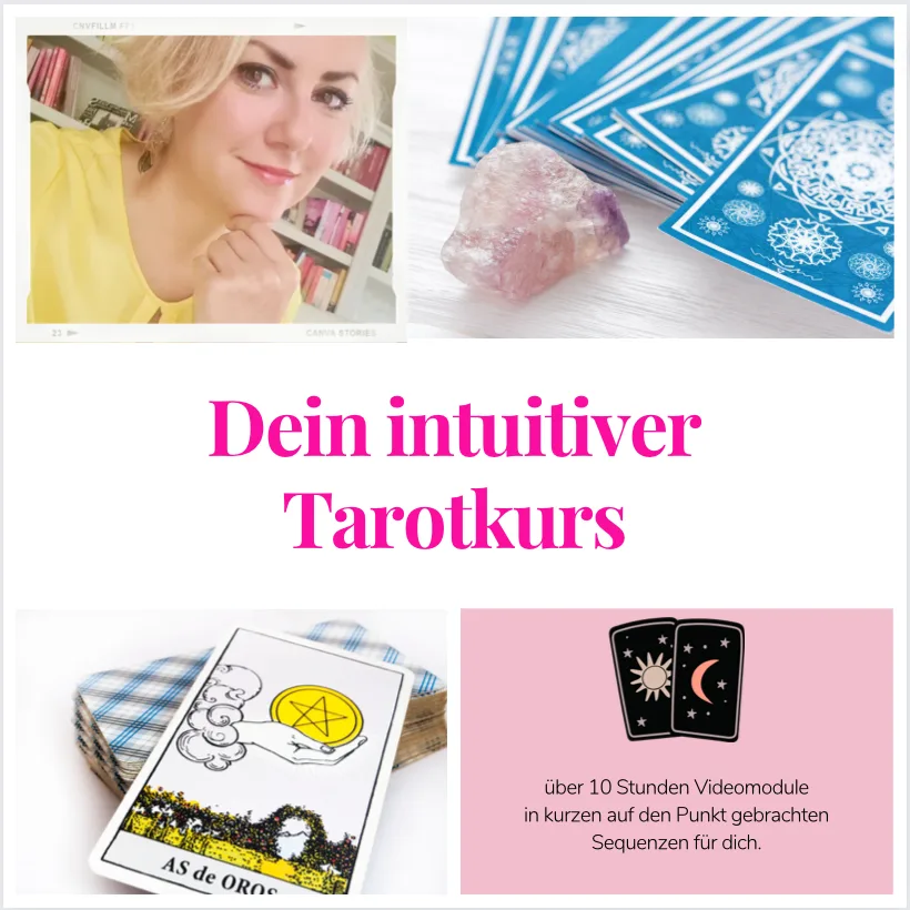 Denise Schäricke mit Tarotkarten und Kristallen, Kurs-Übersicht Tarotkurs