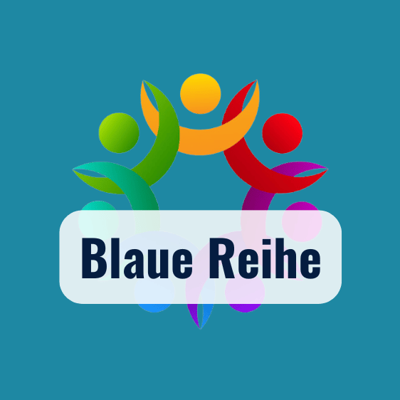 Bunte stilisierte Figuren mit Blättern und Kugeln, Blauer Hintergrund Blaue Reihe Logo