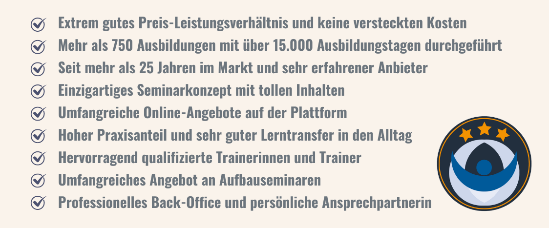 Infografik mit neun Checkmarks und Vorteilen der Landsiedel-Ausbildung