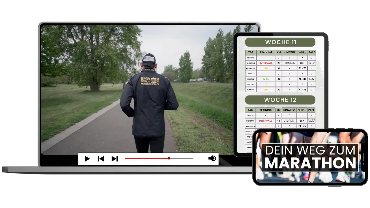 Videostandbild: Mann beim Joggen im Park mit Trainingsplan für Woche 11 und 12