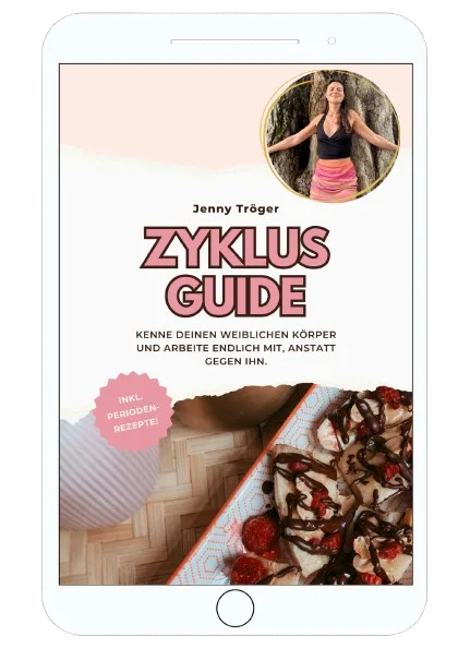 Dein Zyklus Guide – E-Book zur Periodenernährung von Jenny Tröger 2 Zyklus Guide E-Book Cover auf Tablet-Mockup mit Jenny Tröger Porträt