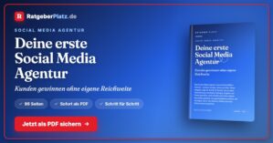 Hero-Banner für Social Media Agentur gründen mit Ratgeberplatz Logo und PDF-Ratgeber-Mockup