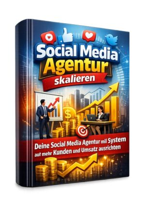 E-Book-Cover Social Media Agentur skalieren mit Business-Personen und Goldmünzen