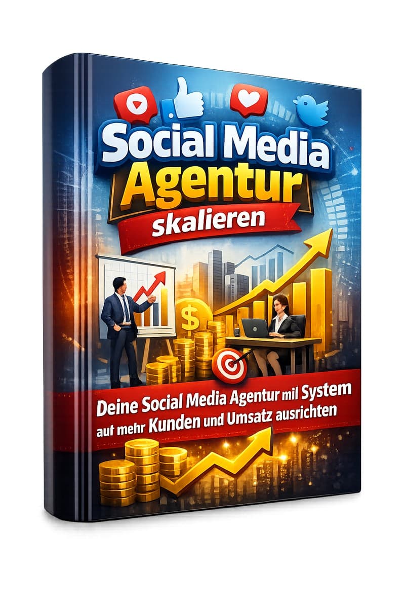 Deine erste Social Media Agentur – Gründerratgeber als E-Book 4 E-Book-Cover Social Media Agentur skalieren mit Business-Personen und Goldmünzen