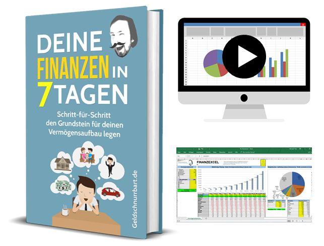 Mockup mit eBook-Cover, Video-Player und Finanzexcel-Spreadsheet nebeneinander