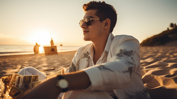 Mann in weißem Hemd und Sonnenbrille sitzt entspannt am Strand bei Sonnenuntergang