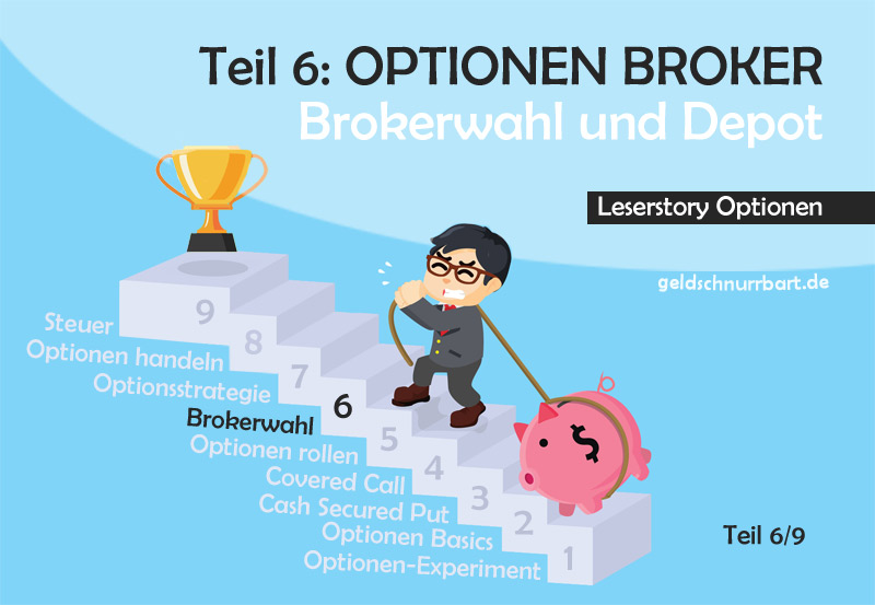 Infografik-Banner 'Teil 6: Optionen Broker' mit Treppenstufen, Trophy, Charakter und Sparschwein