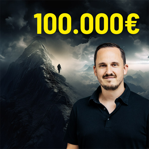 Portrait eines Mannes mit Berg und Bergssteiger im Hintergrund, großer gelber Text '100.000€'