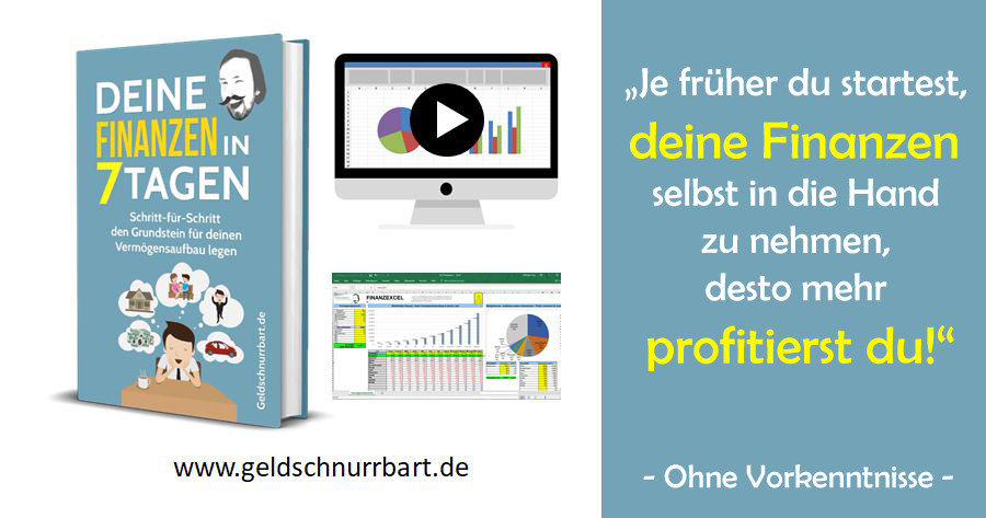 Hero-Banner mit eBook-Cover, Monitor mit Play-Button, Finanzexcel-Screenshot und Motivationstext zur Finanzplanung