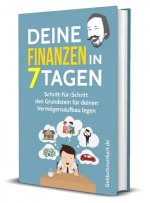 eBook-Cover 'Deine Finanzen in 7 Tagen' mit Autor-Illustration, blauem Design und Vermögensaufbau-Symbolen