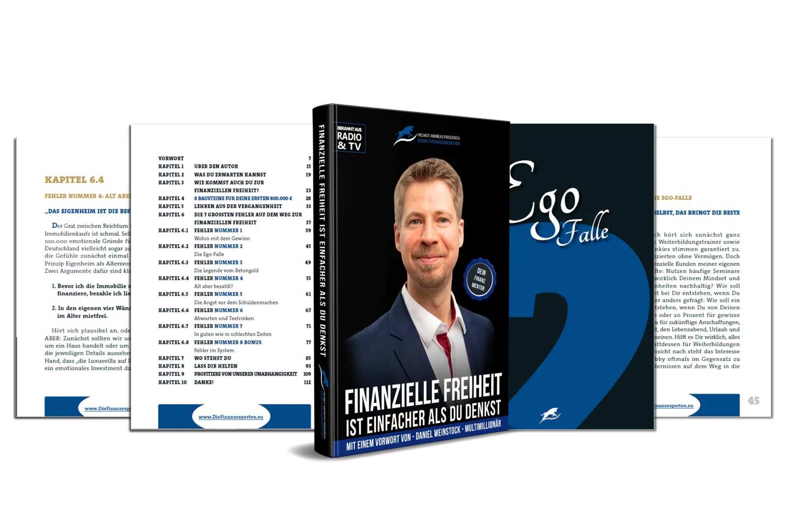 Buchseiten-Mockup mit Inhaltsverzeichnis, Cover und Beispielseiten mit Ego-Fälle