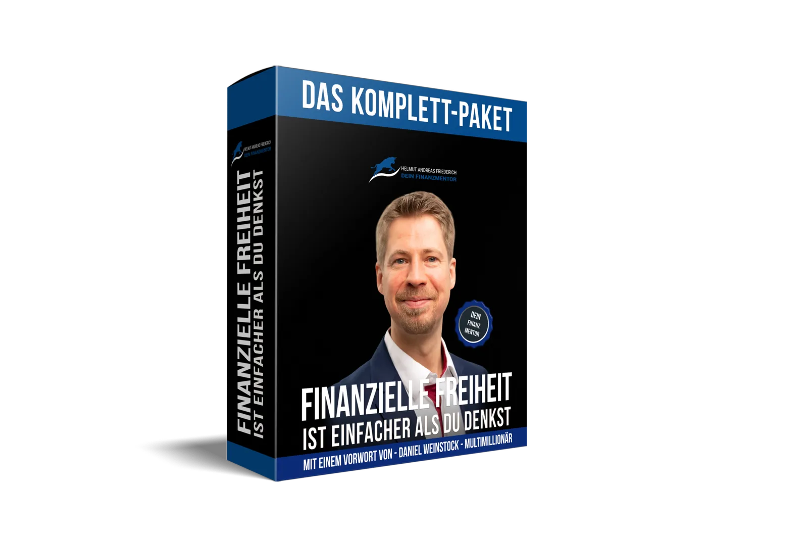 Blaue Produktbox mit Porträt von Helmut Andreas Friederich und Buchtitel auf schwarzem Hintergrund