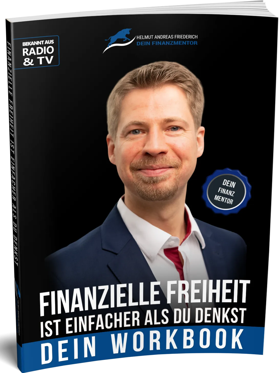 Softcover Workbook mit Helmut Andreas Friederich und blauem Badge Dein Finanzmentor