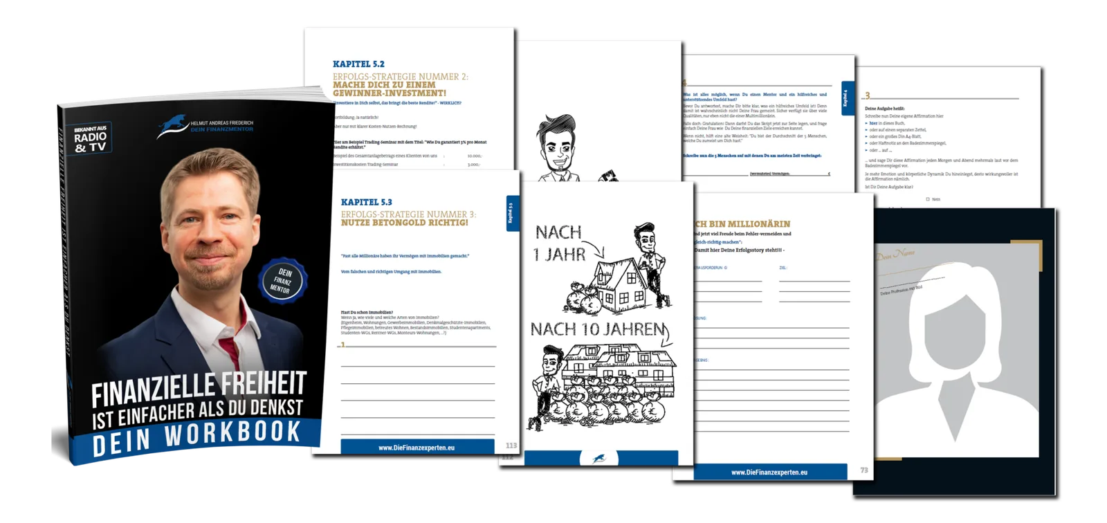 Workbook mit mehreren aufgeschlagenen Seiten, Kapitel 5.2 und 5.3 mit Erfolgsstrategien und Illustrationen