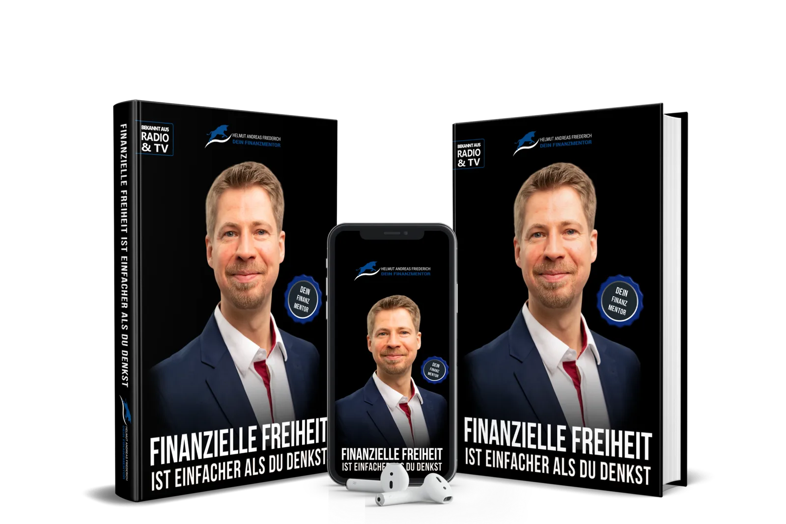 Bundle-Mockup: Gratis-Buch, Smartphone und Kopfhörer mit Helmut Andreas Friederich
