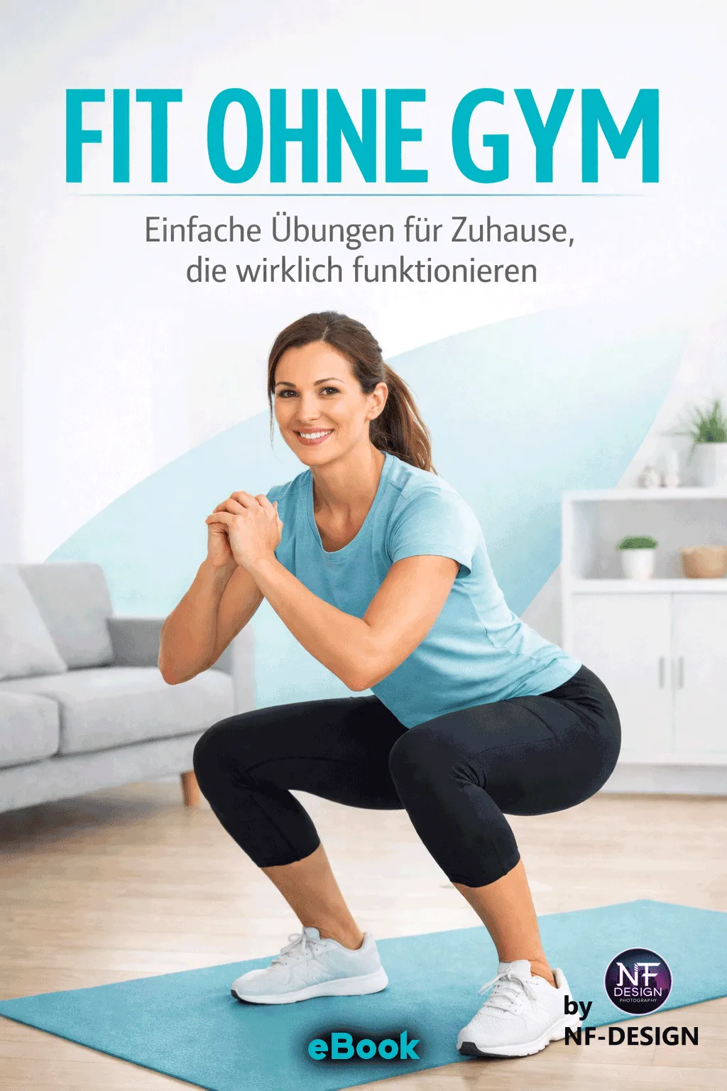 E-Book Cover Fit ohne Gym mit Frau beim Squat-Training im Wohnzimmer