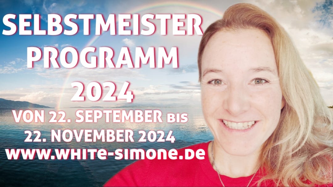 Ankündigungsbanner Selbstmeister Programm 2024 mit Simone White vor Regenbogen und Wasser