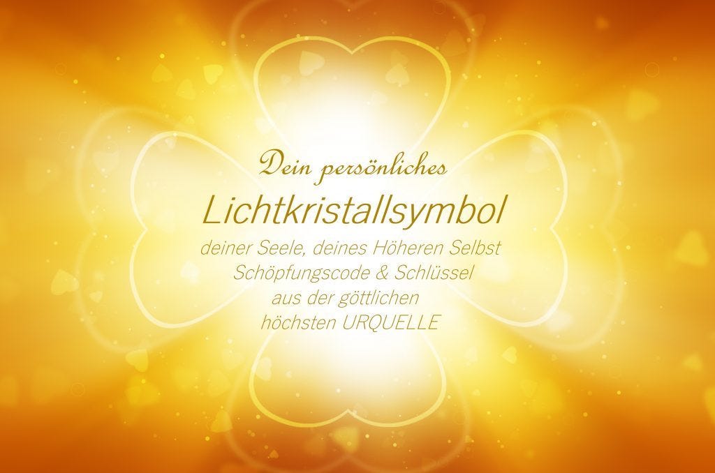Lichtkristallsymbol mit goldenem vierfach-Herz-Rahmen auf gelbem leuchtenden Hintergrund