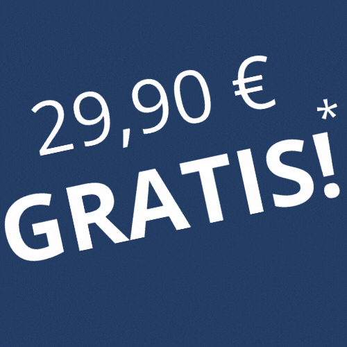 Preisreduktion 29,90 Euro gratis auf blauem Hintergrund