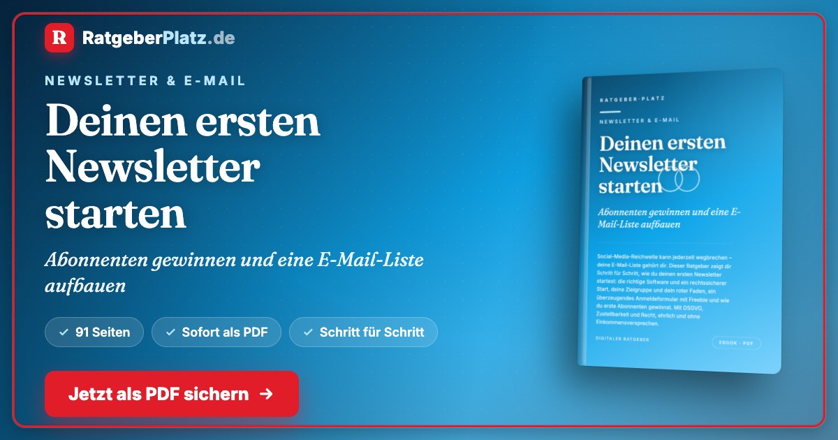 Hero-Banner für Newsletter-Ratgeber mit blauem Hintergrund, Produktcover und Call-to-Action-Button