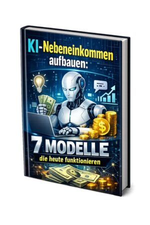 E-Book-Cover KI-Nebeneinkommen aufbauen mit Roboter, Glühbirne und sieben Modellen