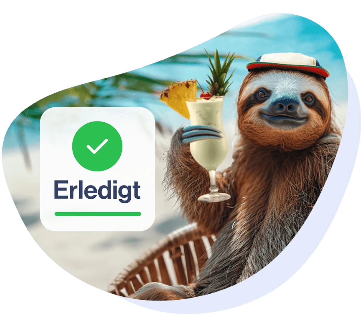 Faultier am Strand mit Cocktail, daneben ein Häkchen mit "Erledigt". Symbolisiert erfolgreichen Umzug zu KlickTipp.