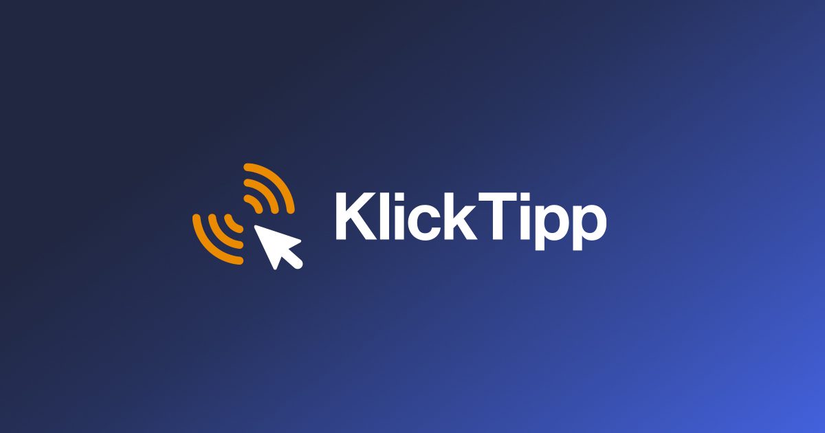 KlickTipp Logo mit Cursor und Funkwellen-Symbol auf blauem Gradient-Hintergrund
