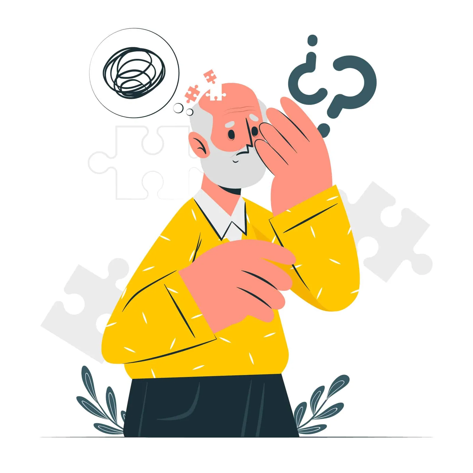 Illustrierte Person in gelbem Hemd mit Puzzleteilen und Fragezeichen symbolisiert Demenzprävention und kognitives Training