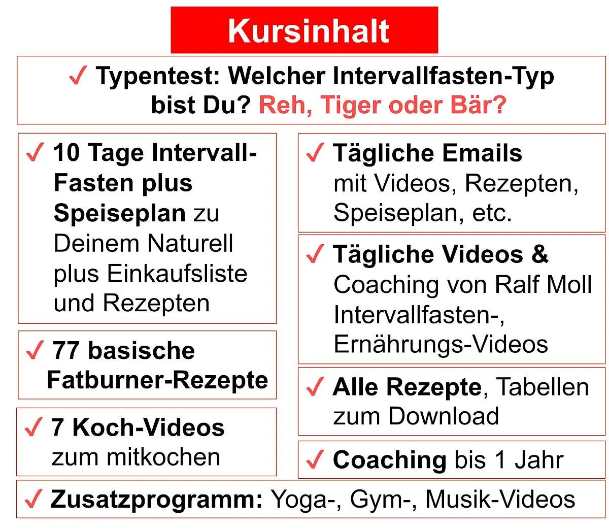 Roter Header mit weißem Text 'Kursinhalt', weiße Boxen mit roten Häkchen, Übersicht von 10-Tage-Fasten bis Zusatzprogramm