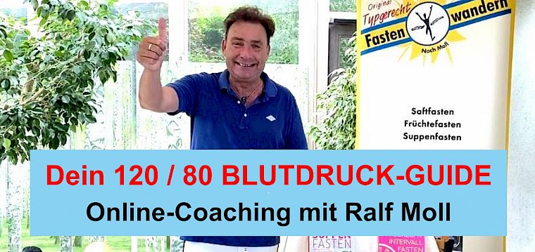Ralf Moll lächelnd in blauem Poloshirt mit Daumen hoch vor grünem Hintergrund, Textoverlay Blutdruck-Guide
