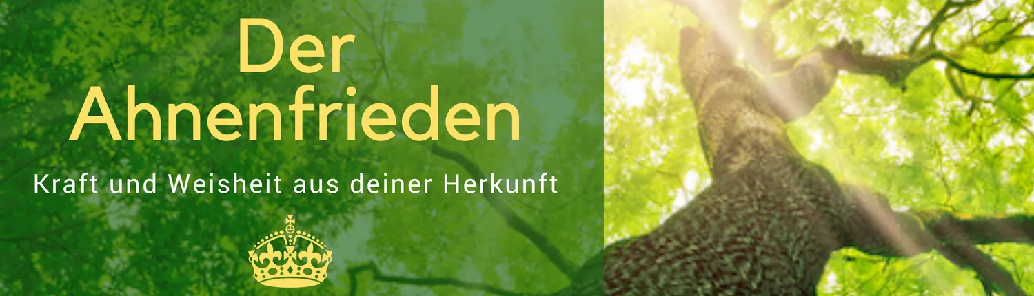 Der Ahnenfrieden Hero-Banner mit grünem Laub und Baumstamm, goldener Schrift und Krone
