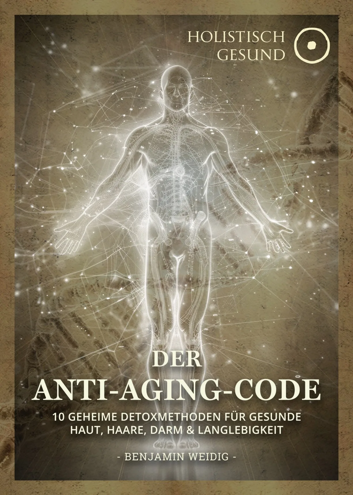 E-Book Cover Der Anti-Aging-Code mit leuchtender menschlicher Figur und holografischen Elementen