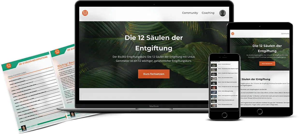 Kurs-Mockup mit MacBook, iPhone, iPad und Übersichtsblatt zum Bio360 Entgiftungskurs