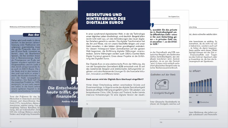 Collage aus mehreren Buchseiten mit Texten, Grafiken und Porträts der Autorin Andrea Huber