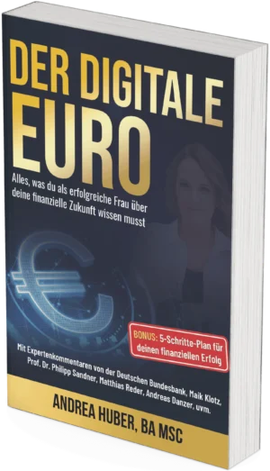 3D-Buchcover Der Digitale Euro von Andrea Huber mit dunkelblauem Hintergrund, goldenem Titel und Euro-Symbol