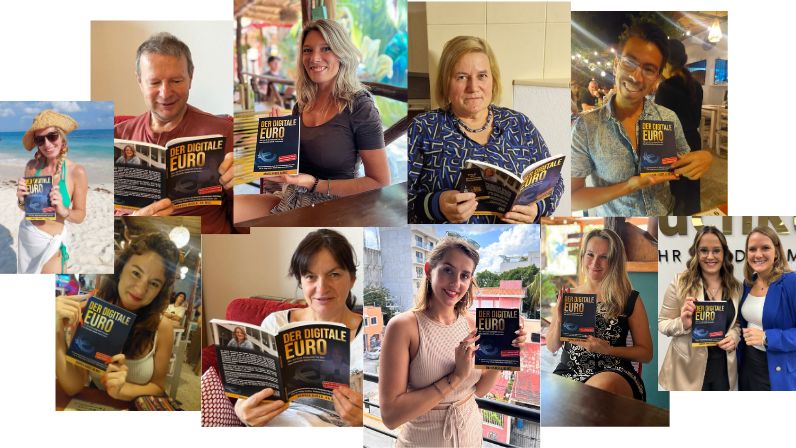 Collage von 16 verschiedenen Lesern, die das Buch Der Digitale Euro halten und präsentieren, bunt gemischte Szenen