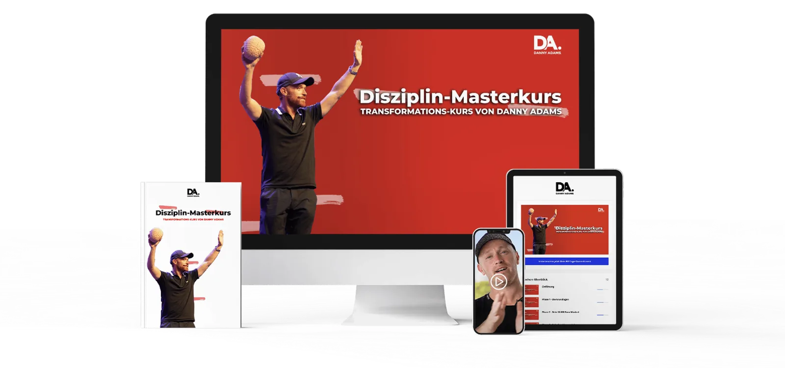 Disziplin-Masterkurs Mockup mit verschiedenen Geräten – Desktop, Tablet und Smartphone zeigen das Kursangebot von Danny Adams