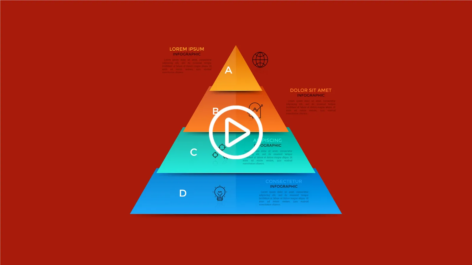 Infografik einer bunten Pyramide mit vier farbigen Ebenen (gelb, orange, türkis, blau) auf rotem Hintergrund mit Play-Symbol