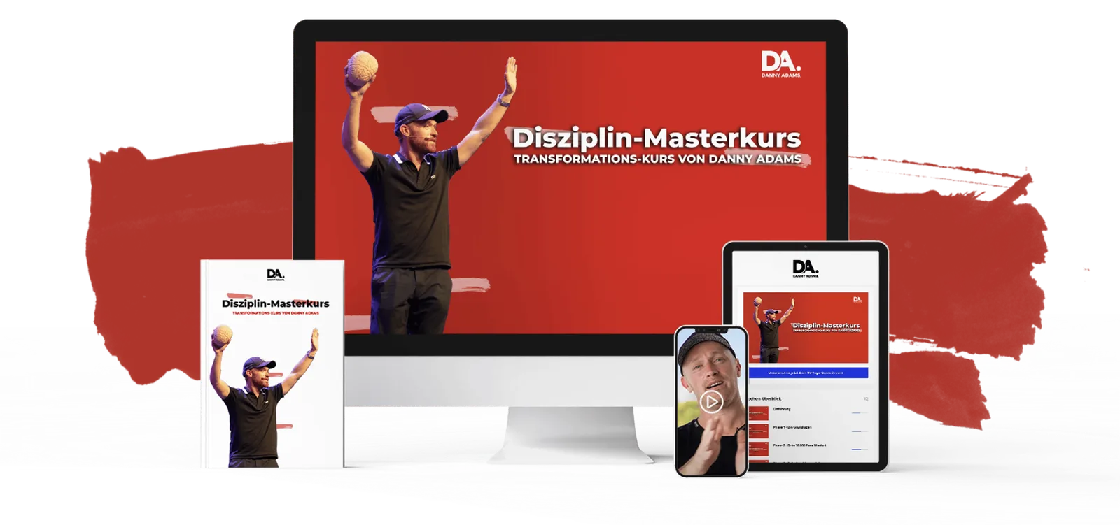 Disziplin-Masterkurs Mockup mit verschiedenen Geräten – Desktop, Tablet und Smartphone zeigen das Kursangebot von Danny Adams