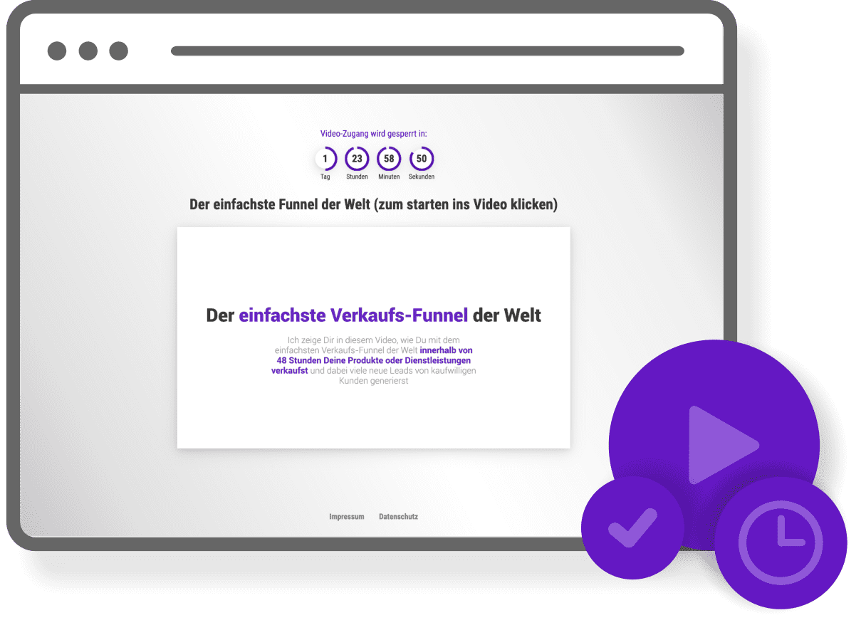 Funnel-Startseite mit Video-Countdown 1 Tag 23 Stunden 58 Minuten 50 Sekunden und Abspielbottich