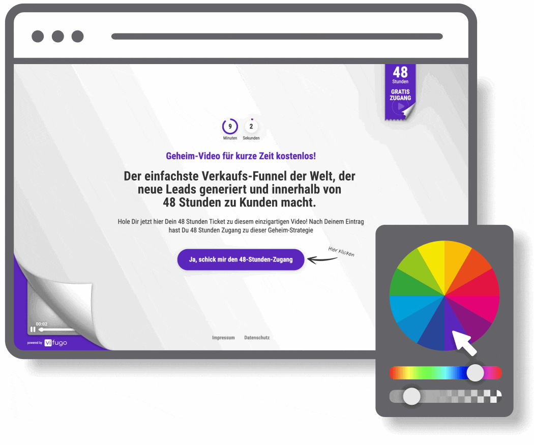 Landingpage mit Video, 48-Stunden-Zugang-Badge, Countdown-Timer und Farbwahl-Tool für Video-Customize