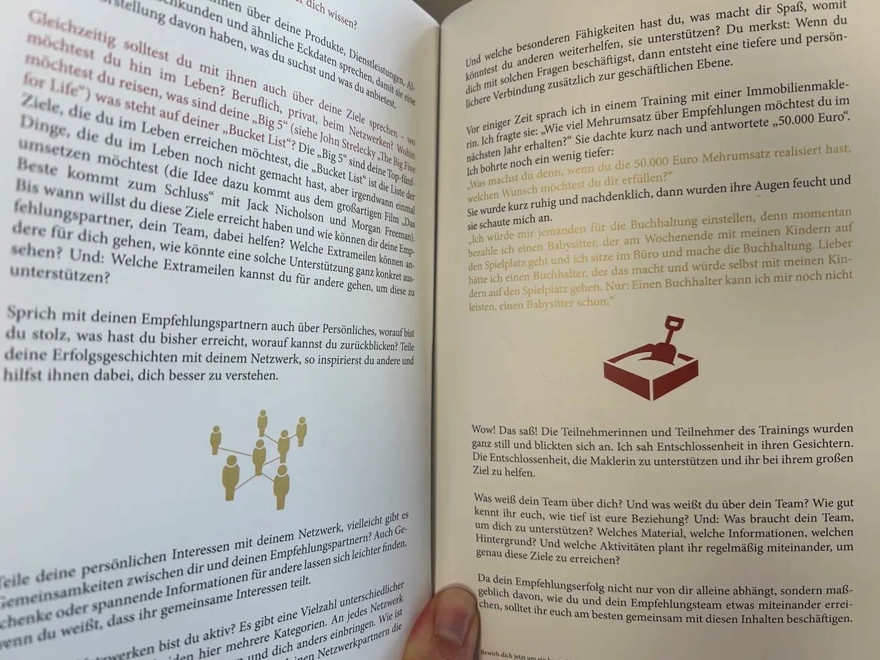 Buchseiten mit Textblöcken und goldenem Piktogramm-Symbol für Team-Zusammenarbeit